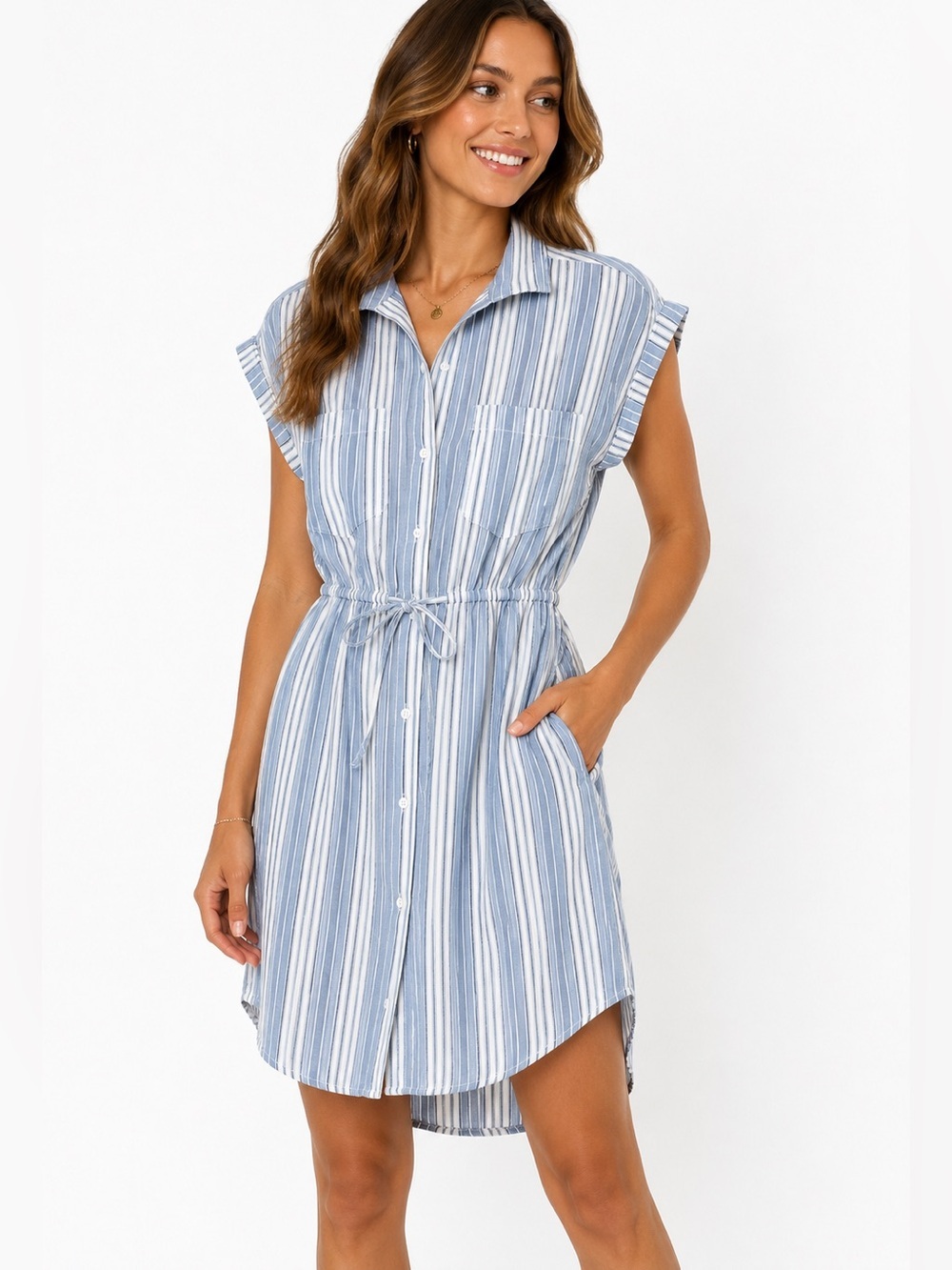 Japna Striped Shirt Dress Blue White Tie Waist Button Front Size S 100% Cotton